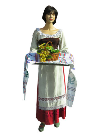 Lady Mannequin in national traditional balkanic, moldavian, romanian costume isolated over white backgroundの写真素材