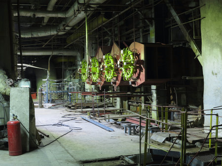 Giant gas-burners, glitter tubes, equipment, cables and piping inside of a modern industrial power plant の写真素材