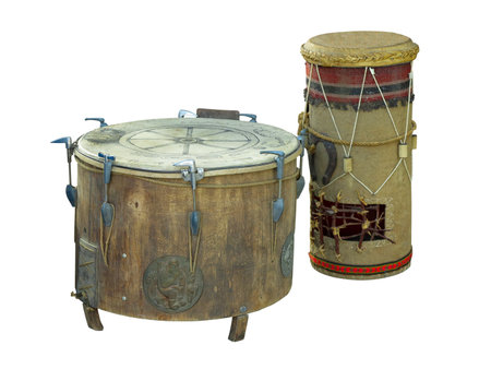 handmade brown wooden drum isolated on white backgroundの写真素材