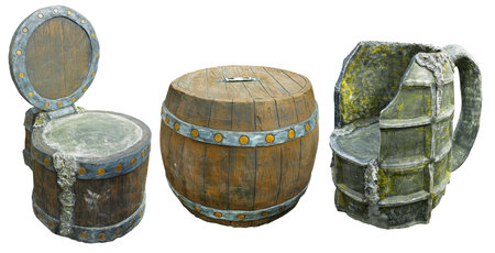 Brown barrel as bar table and vintage bar armchair stylized as beer mug isolated over white backgroundの写真素材
