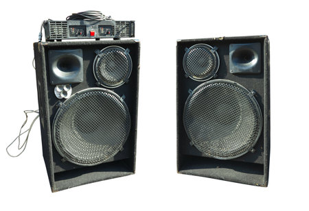 old powerful stage concerto audio speakers and amplifier isolated on white backgroundの写真素材