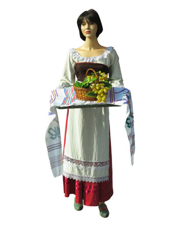 Lady Mannequin in national traditional balkanic, moldavian, romanian costume isolated over white backgroundの写真素材