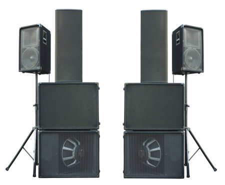 Old industrial powerful stage sound speakers isolated over white backgroundの写真素材