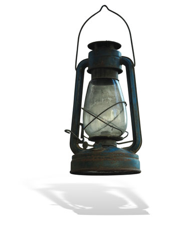 Vintage rusty lantern kerosene old oil lamp isolated over white backgroundの写真素材