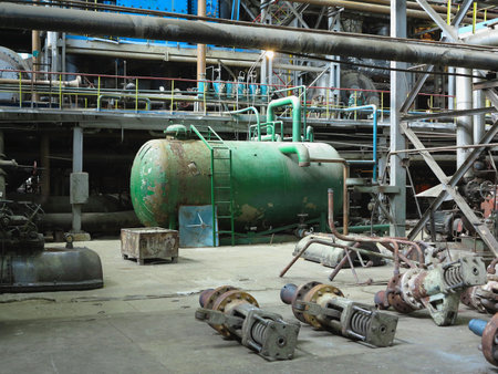 Industrial big water pumps with electric motors, pipes, tubes, equipment and steam turbine at modern power plantの写真素材