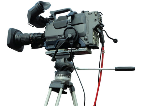 TV Professional studio digital video camera on tripod isolated over white backgroundの写真素材