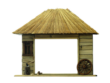 Original handmade frame as wooden house isolated over white backgroundの写真素材