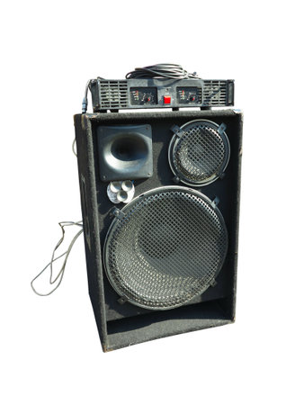 old powerful stage concerto audio speakers and amplifier isolated on white backgroundの写真素材