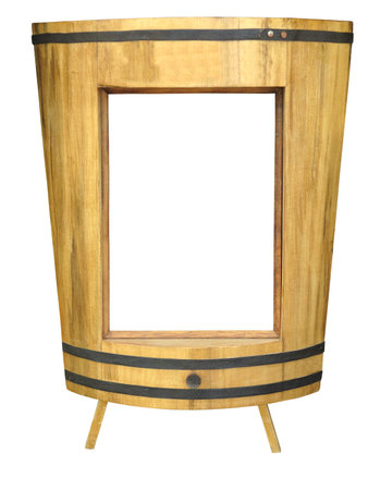 Original handmade frame as brown wooden bucket isolated over white backgroundの写真素材