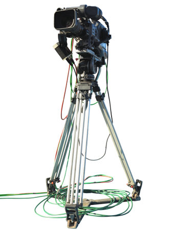 TV Professional studio digital video camera on tripod isolated over white backgroundの写真素材
