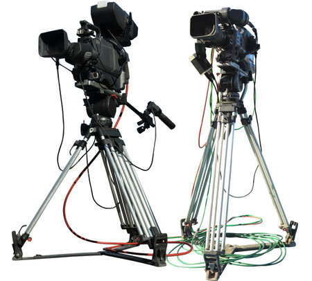 TV Professional studio digital video camera on tripod isolated over white backgroundの写真素材
