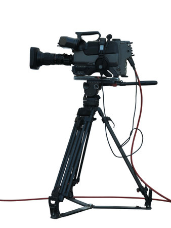 TV Professional studio digital video camera on tripod isolated over white backgroundの写真素材