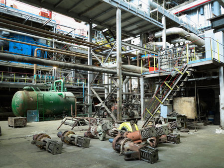 Industrial big water pumps with electric motors, pipes, tubes, equipment and steam turbine at modern power plantの写真素材