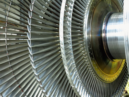 Power generator steam turbine in repair process, machinery, pipes, tubes, at an power plantの写真素材