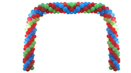 Event arch of red, green, blue, yellow baloons isolated over white backgroundの写真素材