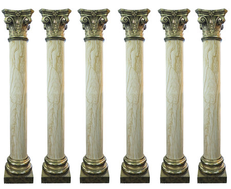 Row of golden top and bottom decorated greek columns isolated over white backgroundの写真素材