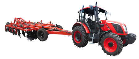 Abstract powerful new farm tractor with agricultural equipment isolated over white backgroundの写真素材