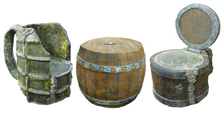 Brown barrel as bar table and vintage bar armchair stylized as beer mug isolated over white backgroundの写真素材