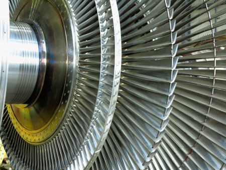 Power generator steam turbine in repair process, machinery, pipes, tubes, at an power plant                     の写真素材