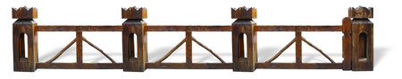 Old brown wooden vintage fence isolated over white backgroundの写真素材