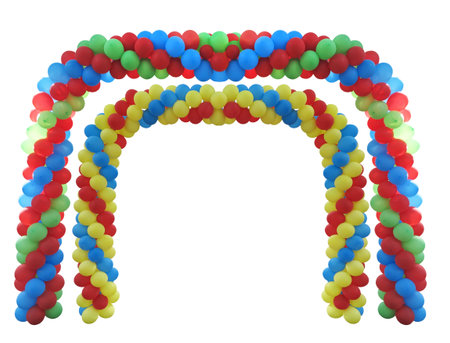 Event arch of red, green, blue, yellow baloons isolated over white backgroundの写真素材