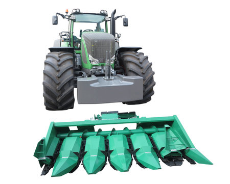 Abstract powerful new farm tractor with agricultural equipment isolated over white backgroundの写真素材