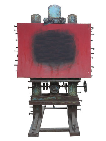 Old vintage dirty industrial style metallic artist easel isolated over white backgroundの写真素材