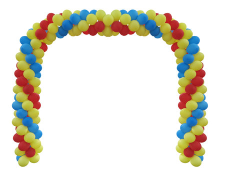Event arch of red, green, blue, yellow baloons isolated over white backgroundの写真素材