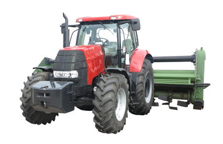 Abstract powerful new farm tractor with agricultural equipment isolated over white backgroundの写真素材