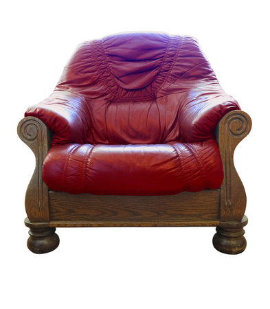 Old wooden classic leather red armchair isolated over white backgroundの写真素材
