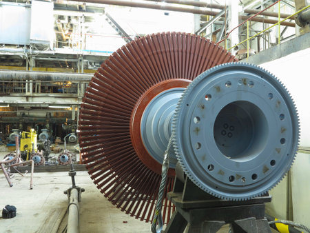 Power generator steam turbine in repair process, machinery, pipes, tubes, at an power plantの写真素材