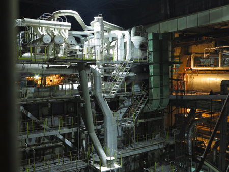 Pipes, steel tubes, steam turbine and equipment at industrial power plant, night sceneの写真素材