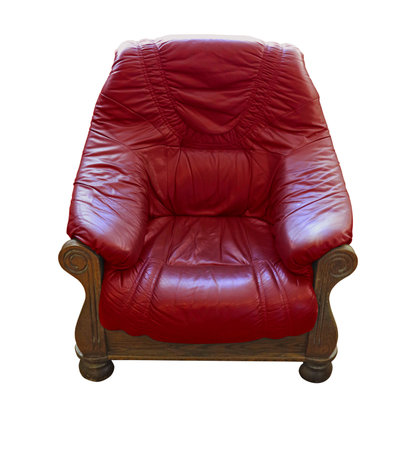 Old wooden classic leather red armchair isolated over white backgroundの写真素材