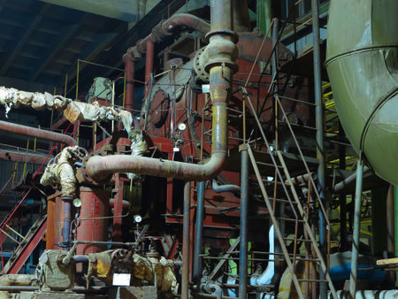 Pipes, steel tubes, steam turbine and equipment at industrial power plant, night sceneのeditorial素材
