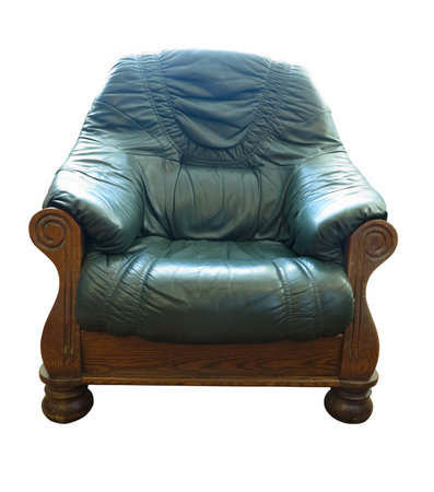 Old wooden classic leather green armchair isolated over white backgroundの写真素材