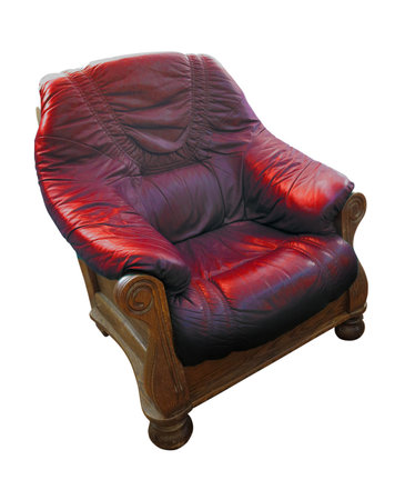 Old wooden classic leather red armchair isolated over white backgroundの写真素材