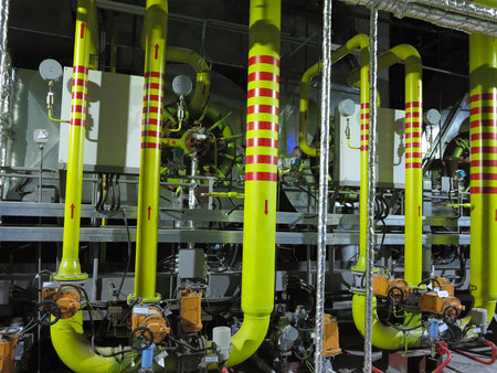 Gas yellow tubes at an industrial thermal electric power plant, night sceneのeditorial素材
