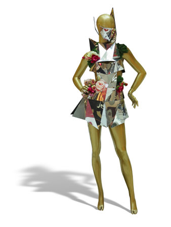 Female mannequin dressed in abstract metallic mirror clothes isolated over white background. No brand names or copyright objects.の写真素材
