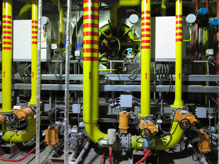 Gas yellow tubes at an industrial thermal electric power plant, night sceneの写真素材