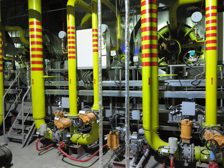Gas yellow tubes at an industrial thermal electric power plant, night sceneの写真素材