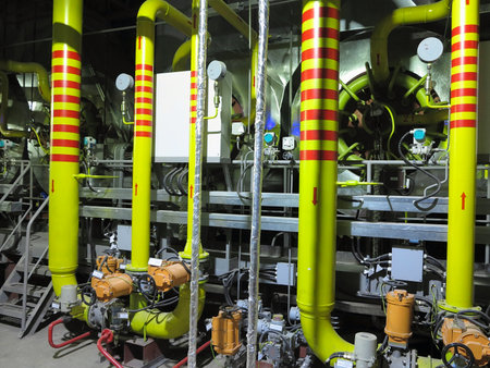 Gas yellow tubes at an industrial thermal electric power plant, night sceneの写真素材