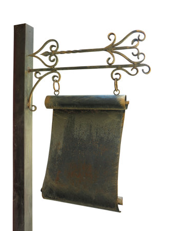 copper forged arrow street bronze signpost isolated over whiteの写真素材
