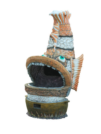Old brown garden statue fish isolated over white backgroundの写真素材