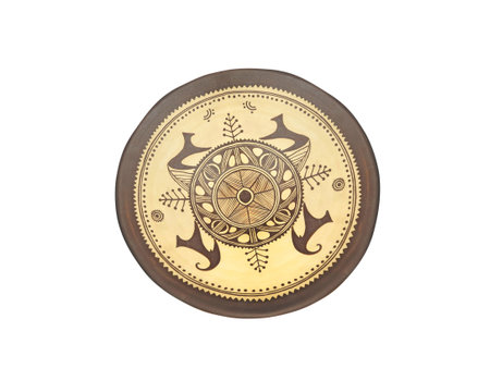 Decorative ceramic plate with traditional balcanic ethnic ornament and pattern isolated on white backgroundの写真素材