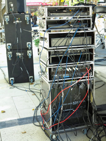31.08.2021, Moldova, Chisinau: Old powerful industrial concerto audio stage amplifiers, speakers and equipmentのeditorial素材