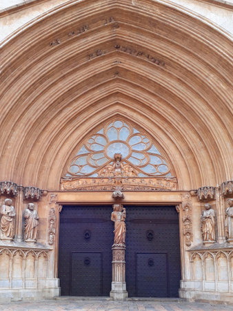 Architectural details of Medieval catholic cathedral Saint Mary in Tarragona, Catalonia, Spain.の写真素材