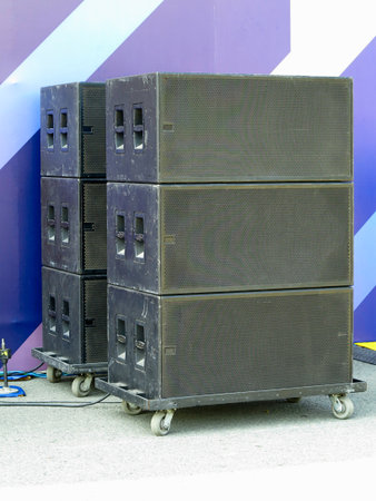 Two old industrial powerful stage sound speakersのeditorial素材