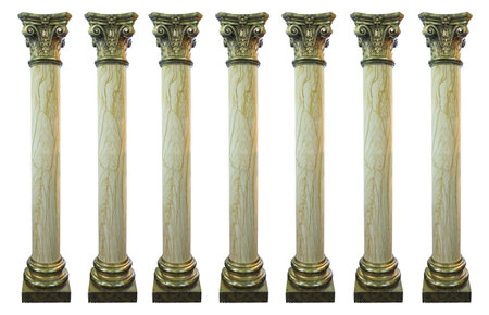 Classic greek marble columns with gold plated elements isolated over white backgroundの写真素材