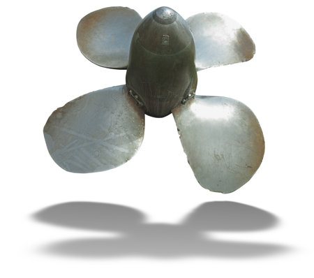 Four bladed propeller for motor boat isolated over white background with shadowの写真素材