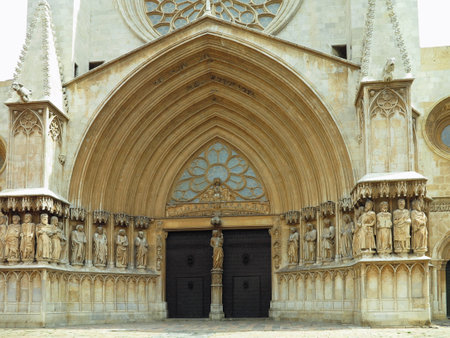 Architectural details of Medieval catholic cathedral Saint Mary in Tarragona, Catalonia, Spain.の写真素材